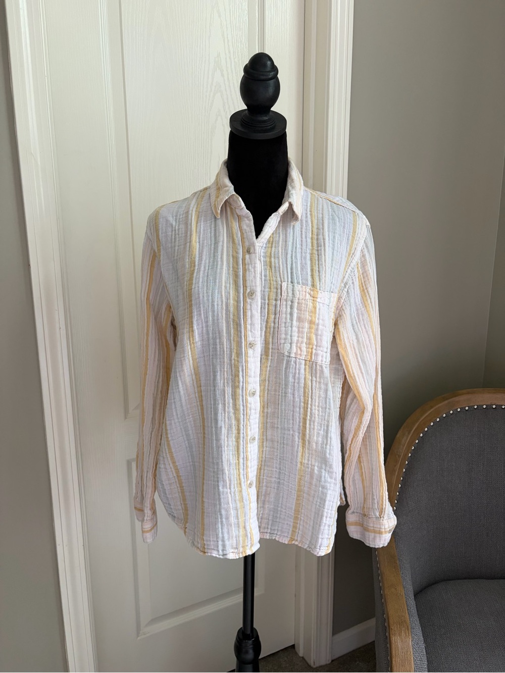 Universal Thread White Button-Down Shirt with Pale Yellow Stripes
